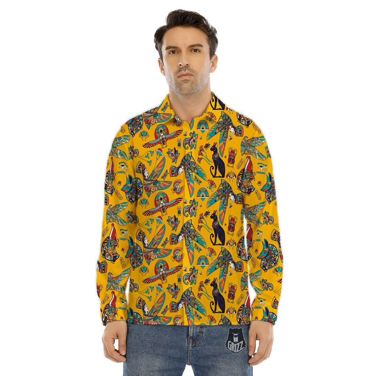 Ancient Egypt Yellow Print Pattern Men's Dress Shirts-grizzshop