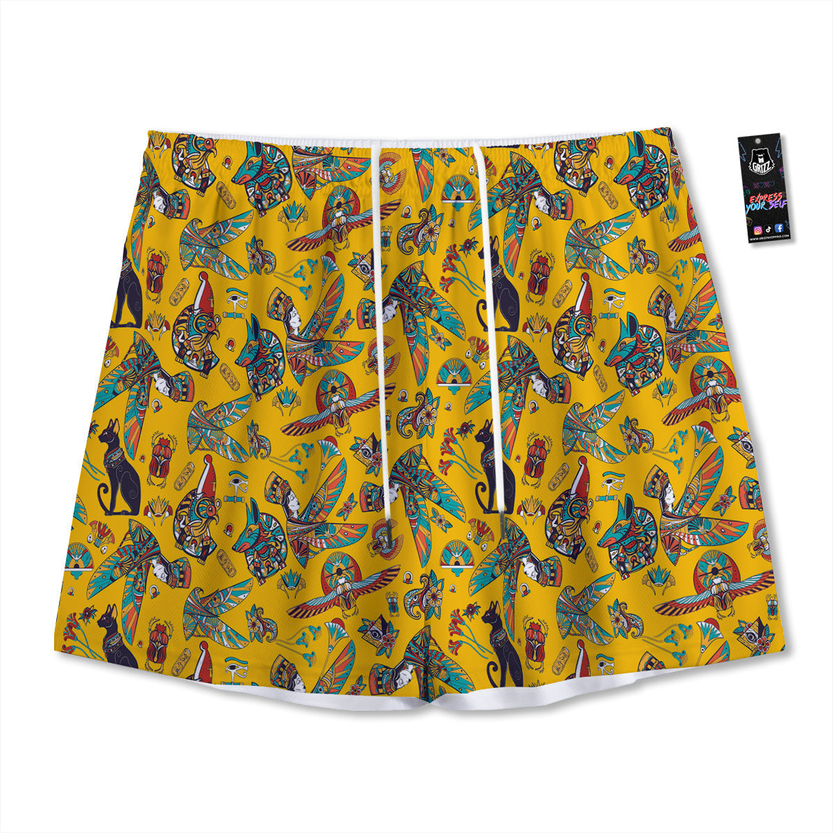 Ancient Egypt Yellow Print Pattern Mesh Shorts-grizzshop