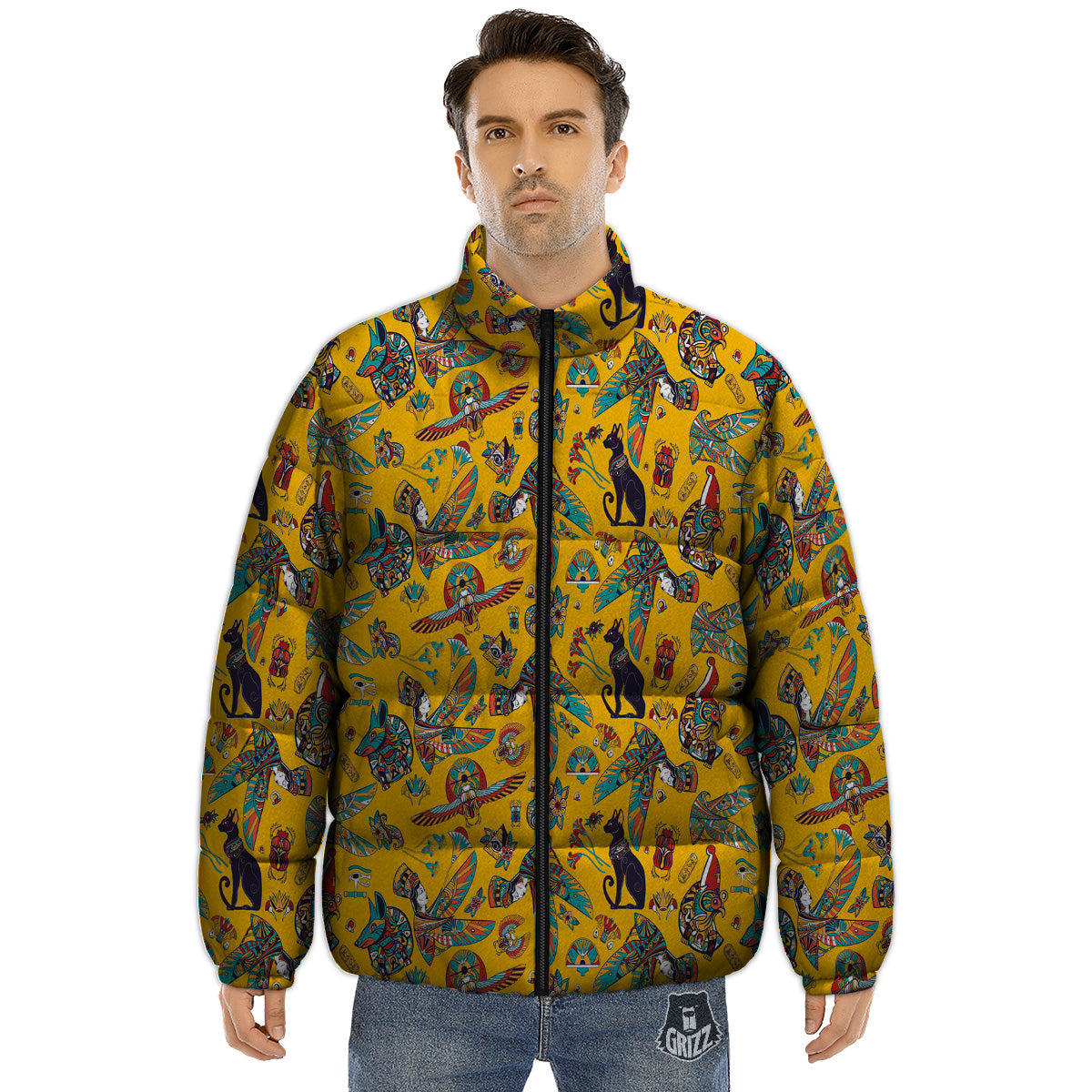 Ancient Egypt Yellow Print Pattern Puffer Jacket-grizzshop
