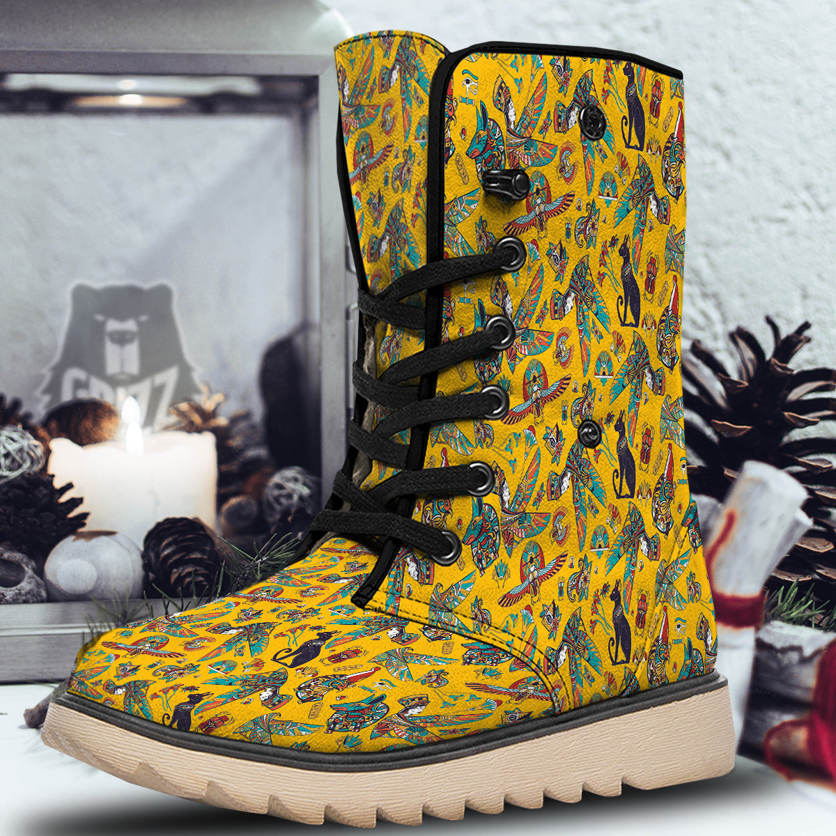 Ancient Egypt Yellow Print Pattern Snow Boots-grizzshop