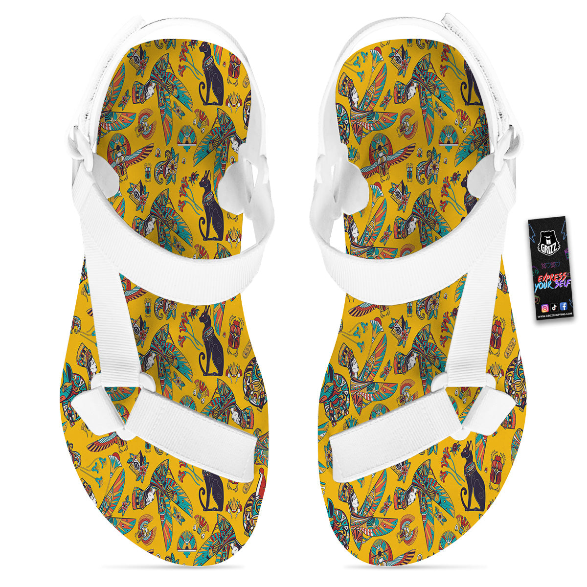 Ancient Egypt Yellow Print Pattern White Open Toe Sandals-grizzshop