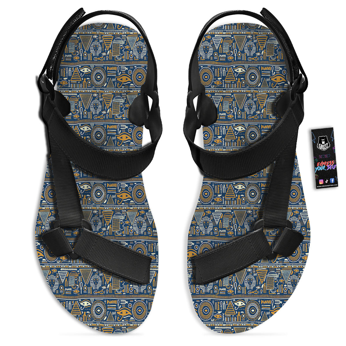 Ancient Egyptian Tribal Blue Print Pattern Black Open Toe Sandals-grizzshop