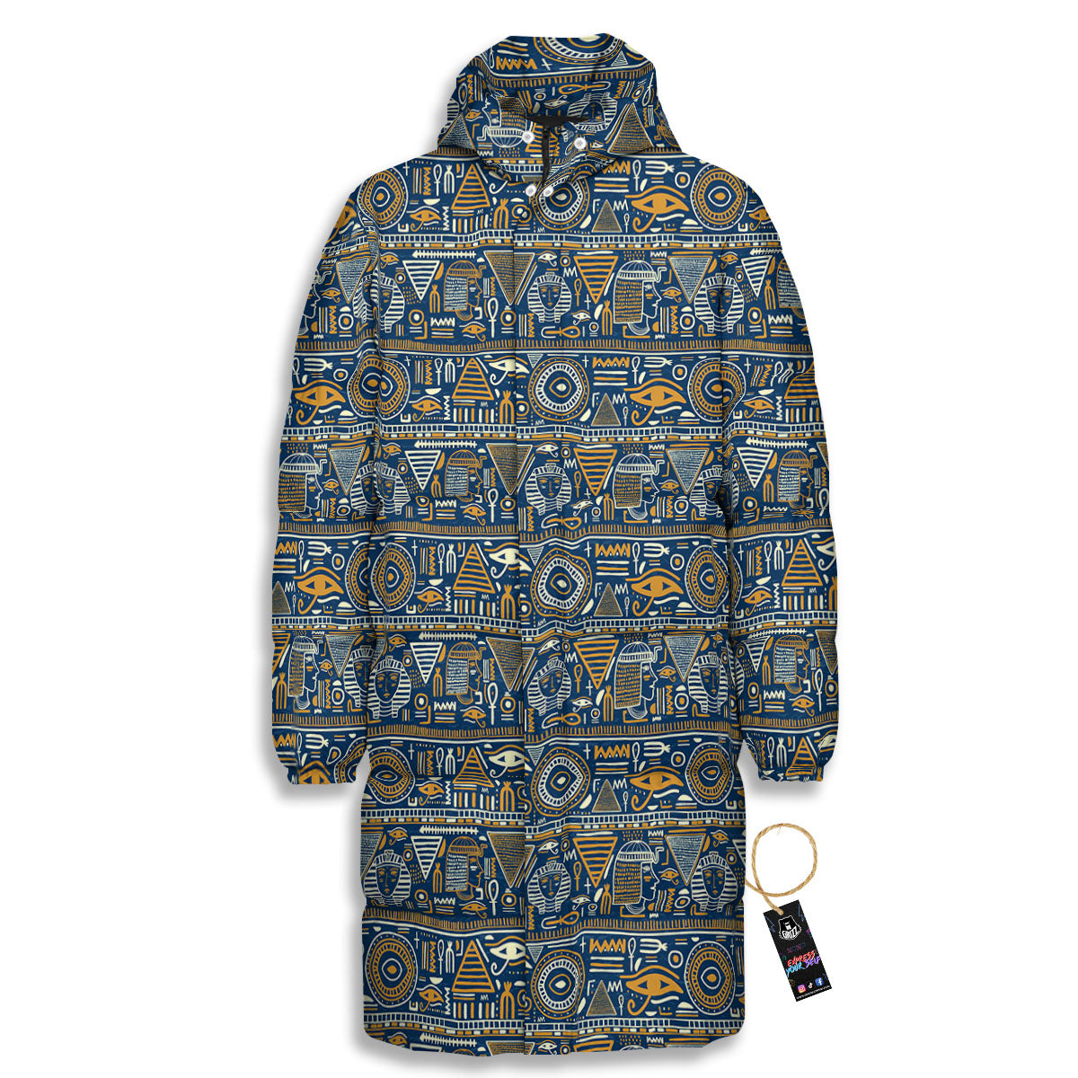 Ancient Egyptian Tribal Blue Print Pattern Long Down Jacket