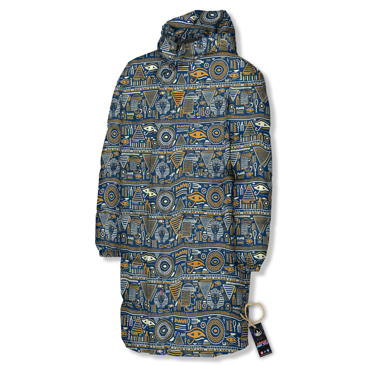 Ancient Egyptian Tribal Blue Print Pattern Long Down Jacket
