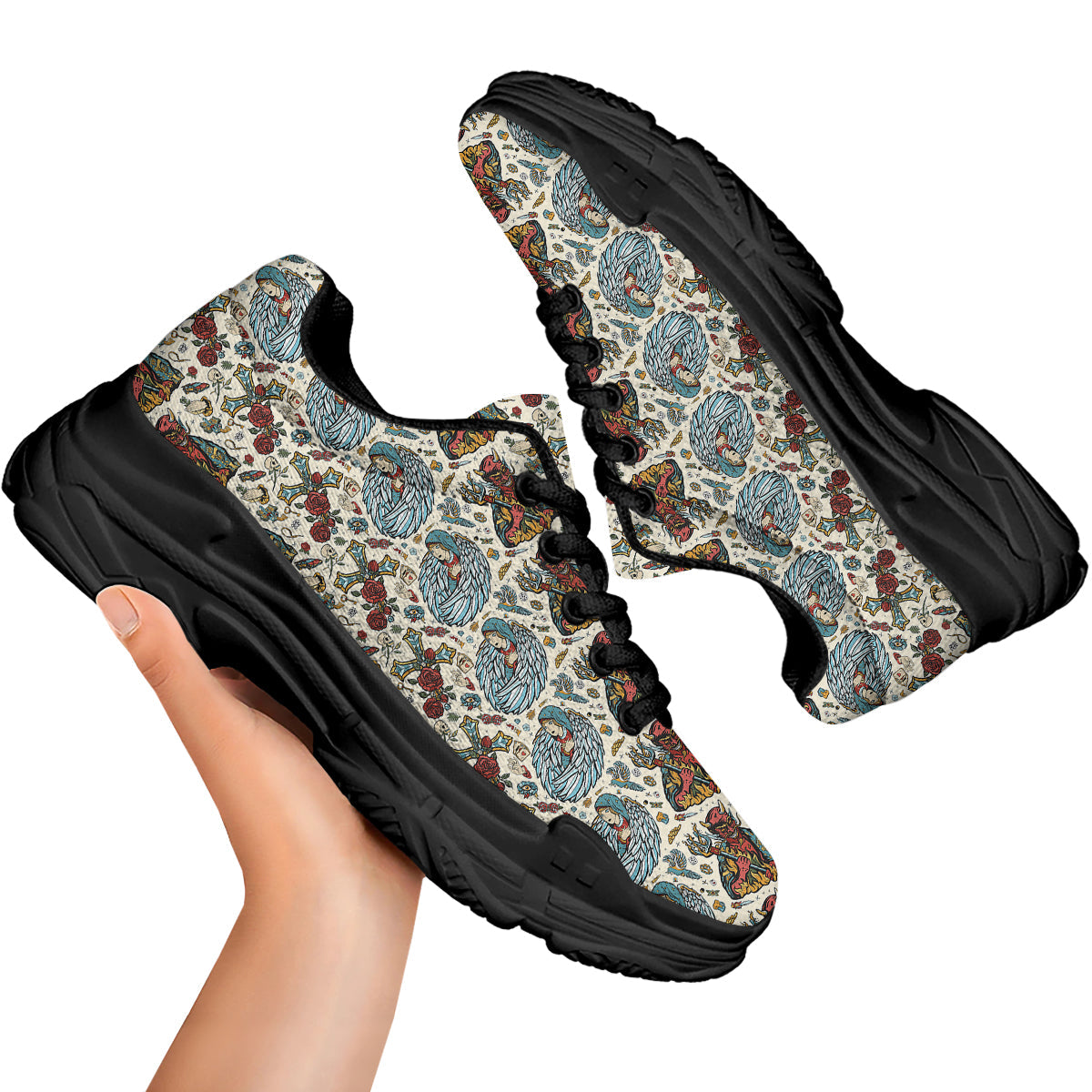 Angel And Demon Old School Tattoo Print Pattern Black Chunky Shoes-grizzshop