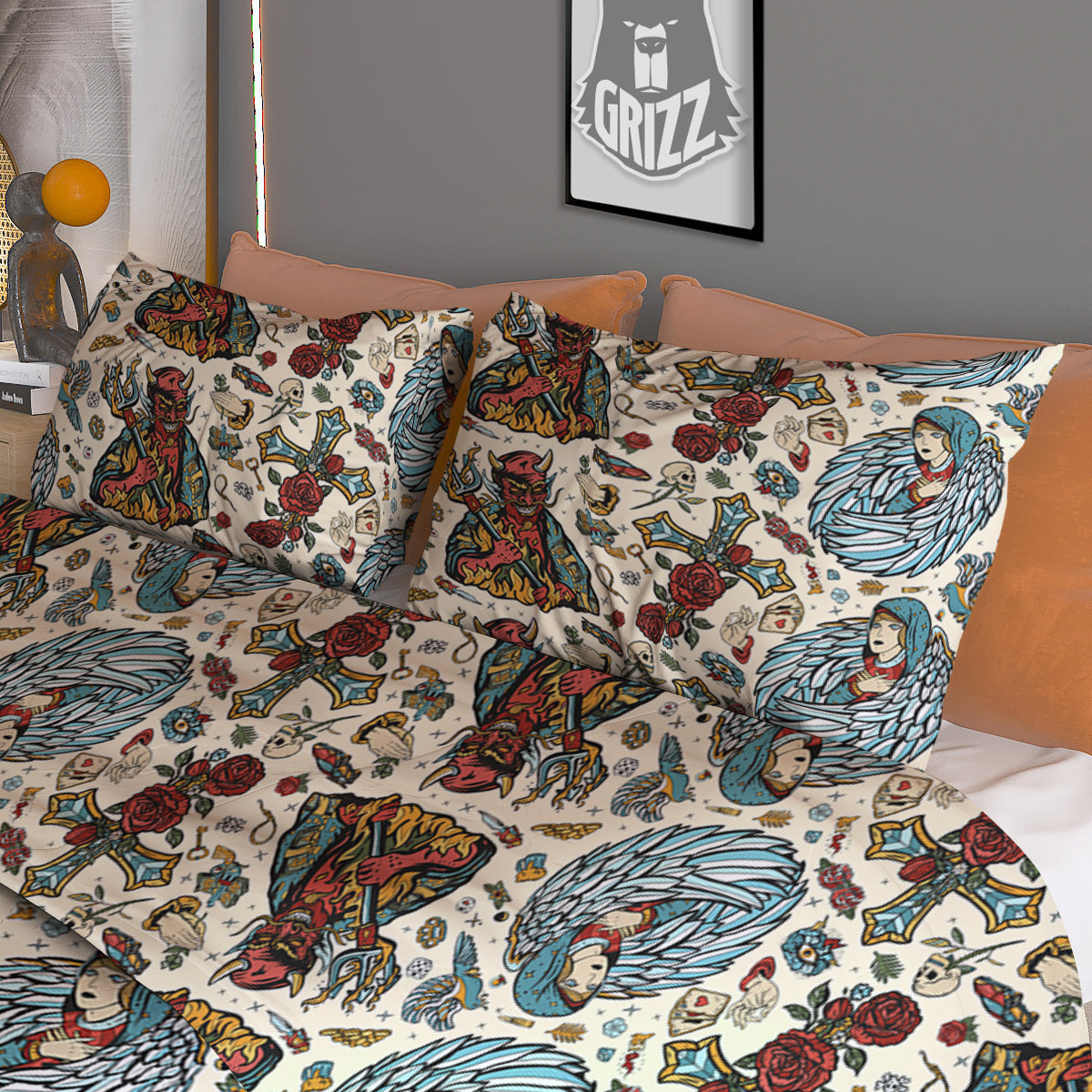 Angel And Demon Old School Tattoo Print Pattern Duvet Cover Bedding Set