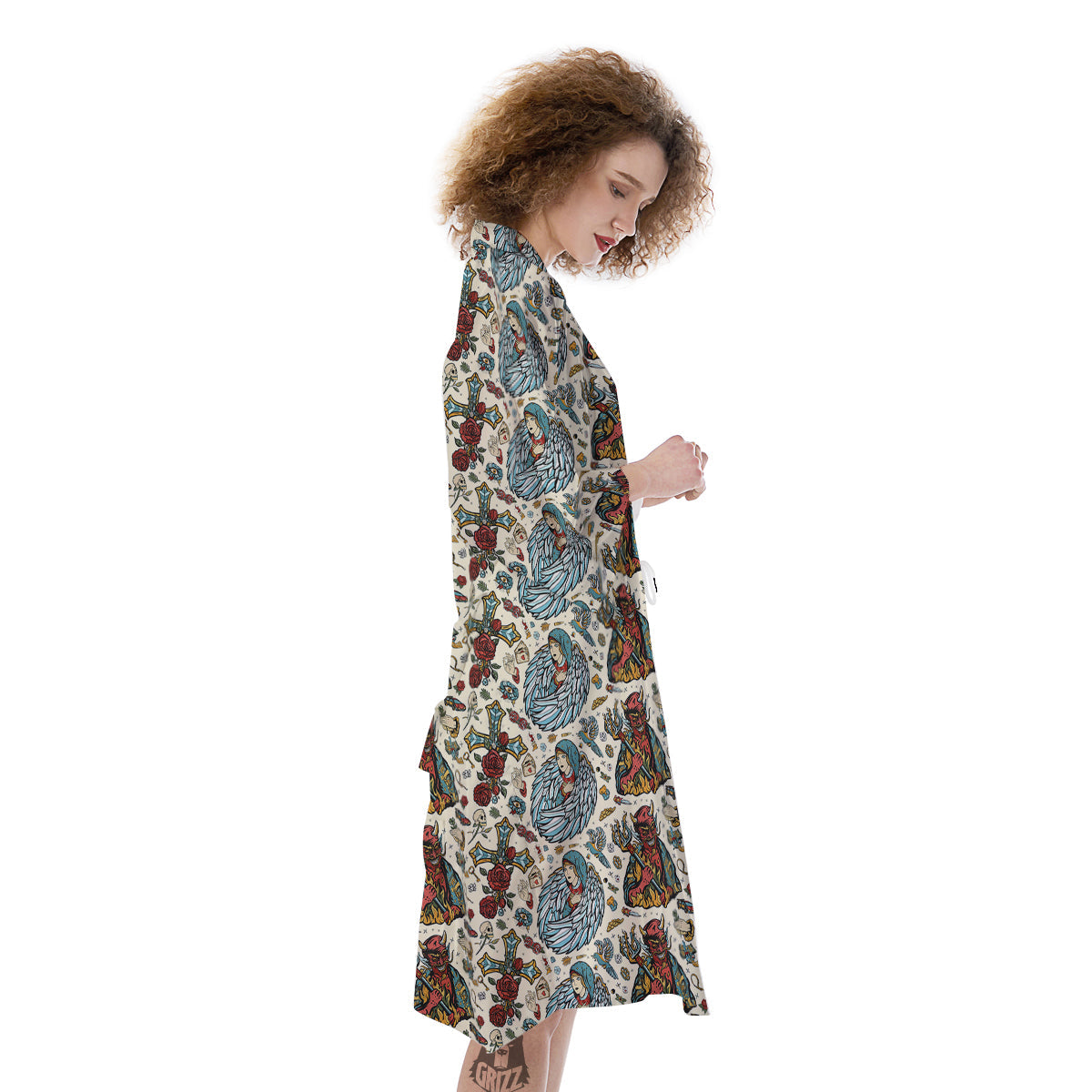 Angel And Demon Old School Tattoo Print Pattern Kimono-grizzshop