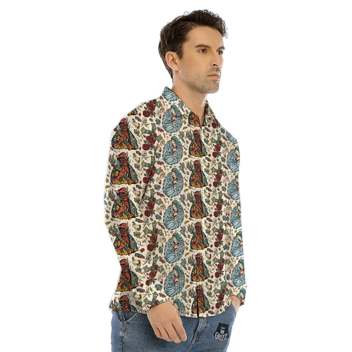 Angel And Demon Old School Tattoo Print Pattern Men's Dress Shirts-grizzshop