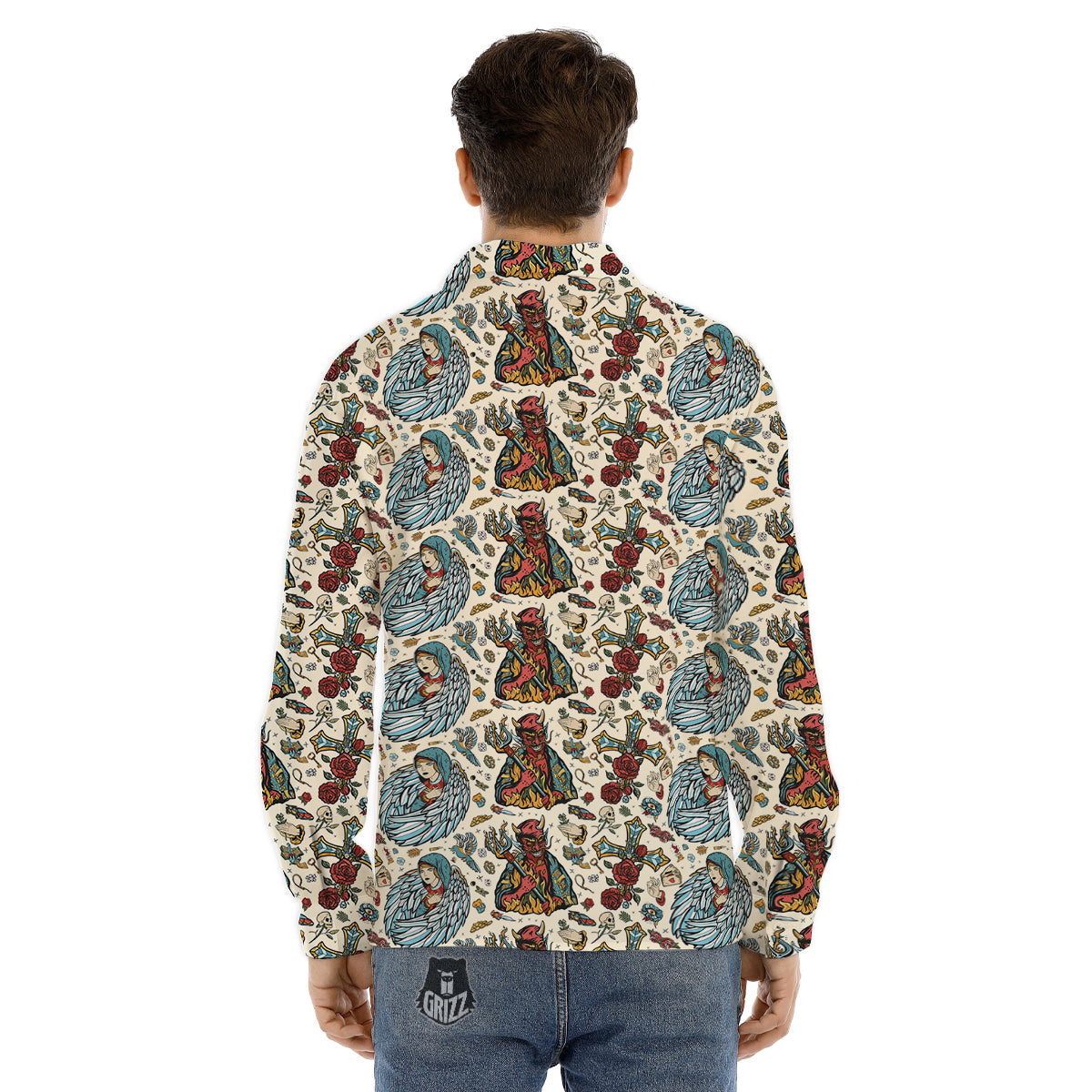 Angel And Demon Old School Tattoo Print Pattern Men's Dress Shirts-grizzshop