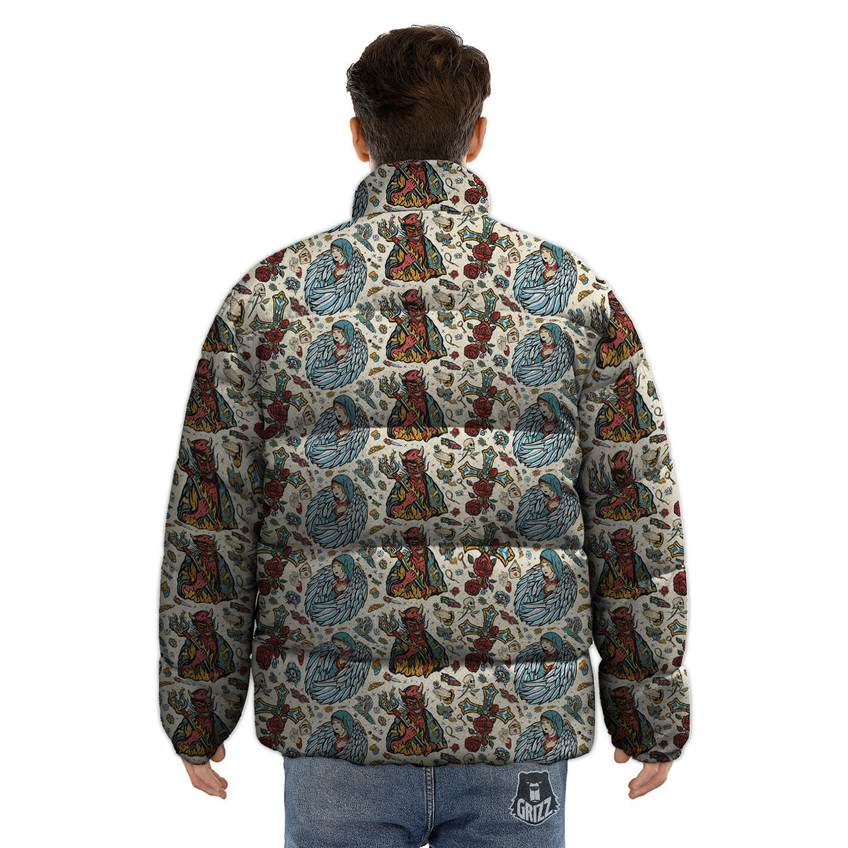 Angel And Demon Old School Tattoo Print Pattern Puffer Jacket-grizzshop