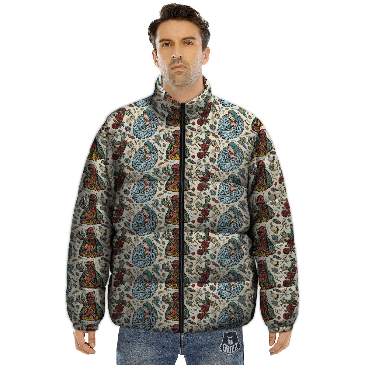 Angel And Demon Old School Tattoo Print Pattern Puffer Jacket-grizzshop