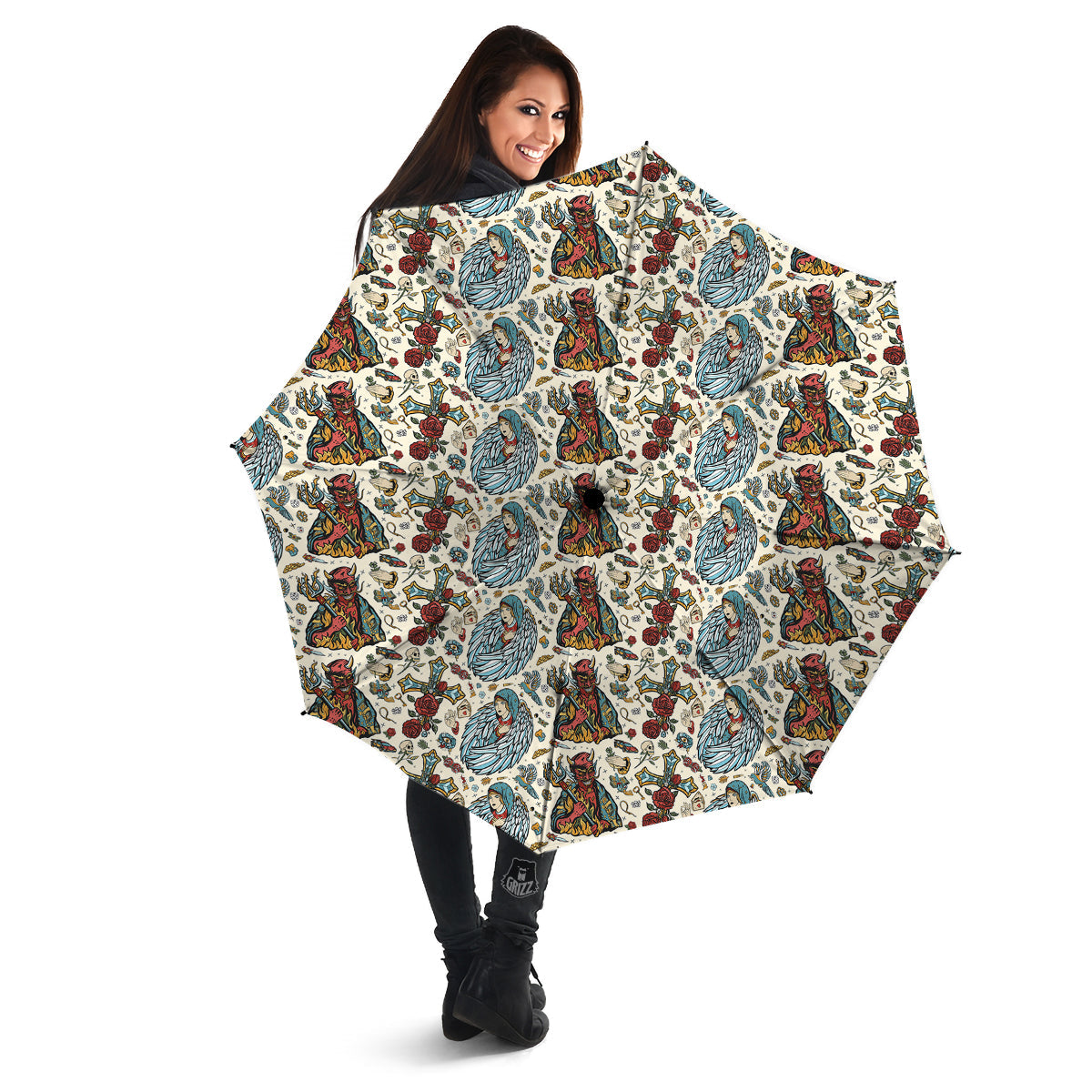 Angel And Demon Old School Tattoo Print Pattern Umbrella-grizzshop