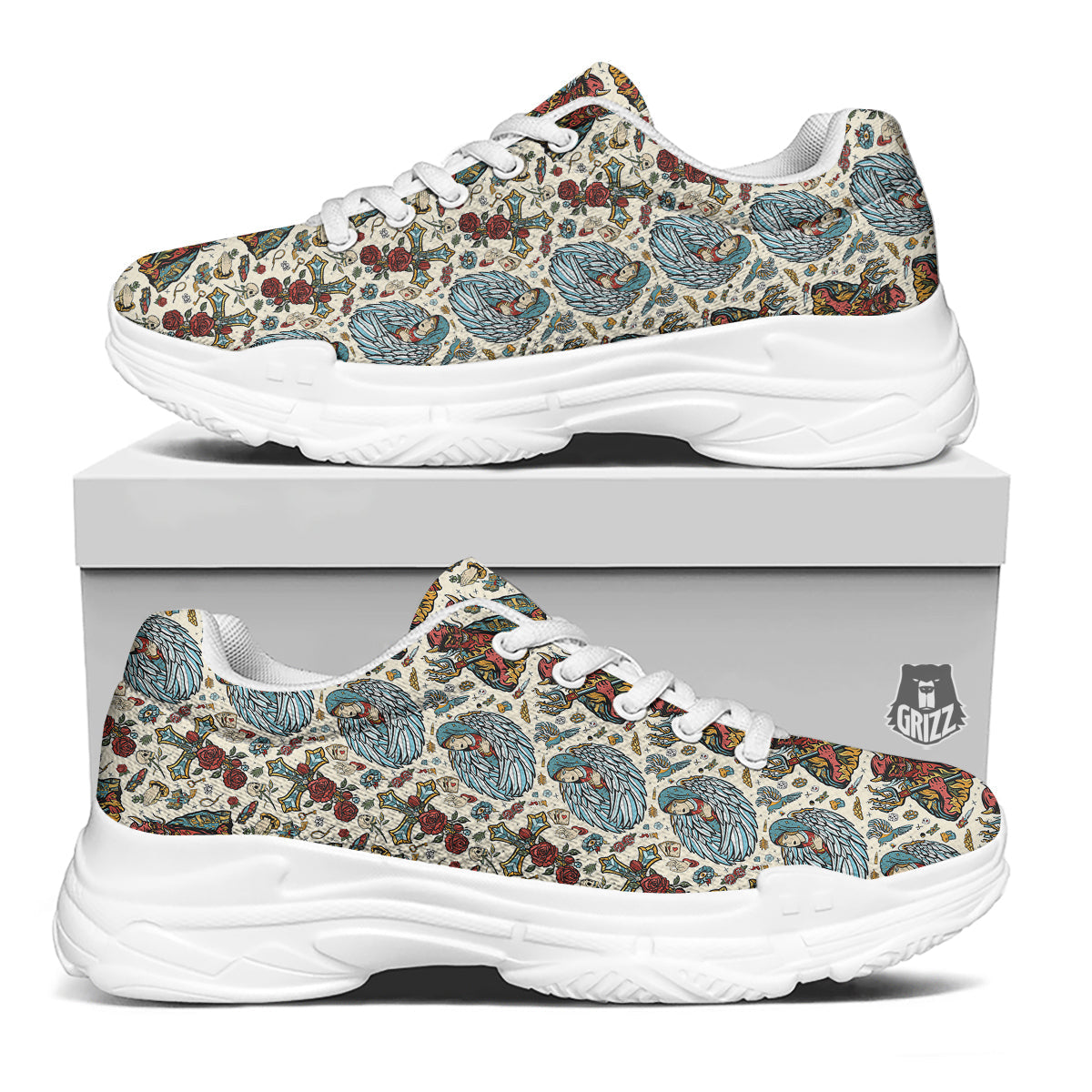 Angel And Demon Old School Tattoo Print Pattern White Chunky Shoes-grizzshop