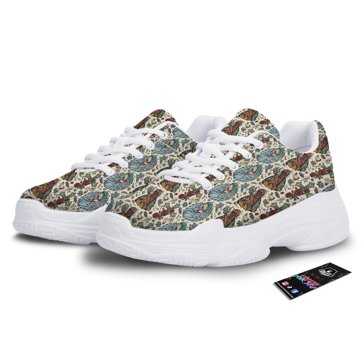 Angel And Demon Old School Tattoo Print Pattern White Chunky Shoes-grizzshop
