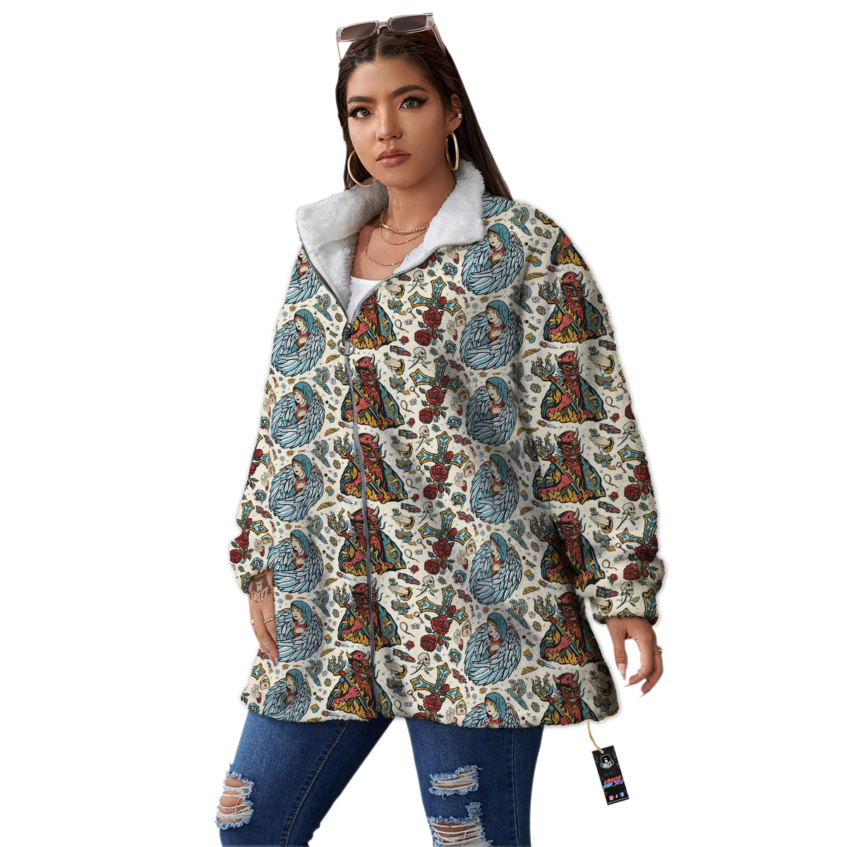 Angel And Demon Old School Tattoo Print Pattern Women's Sherpa Jacket-grizzshop