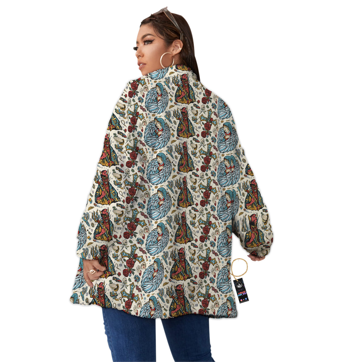 Angel And Demon Old School Tattoo Print Pattern Women's Sherpa Jacket-grizzshop