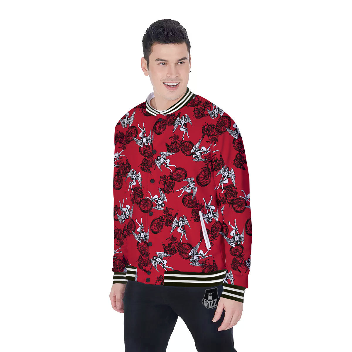 Angel And Motorcycle Print Pattern Baseball Jacket-grizzshop