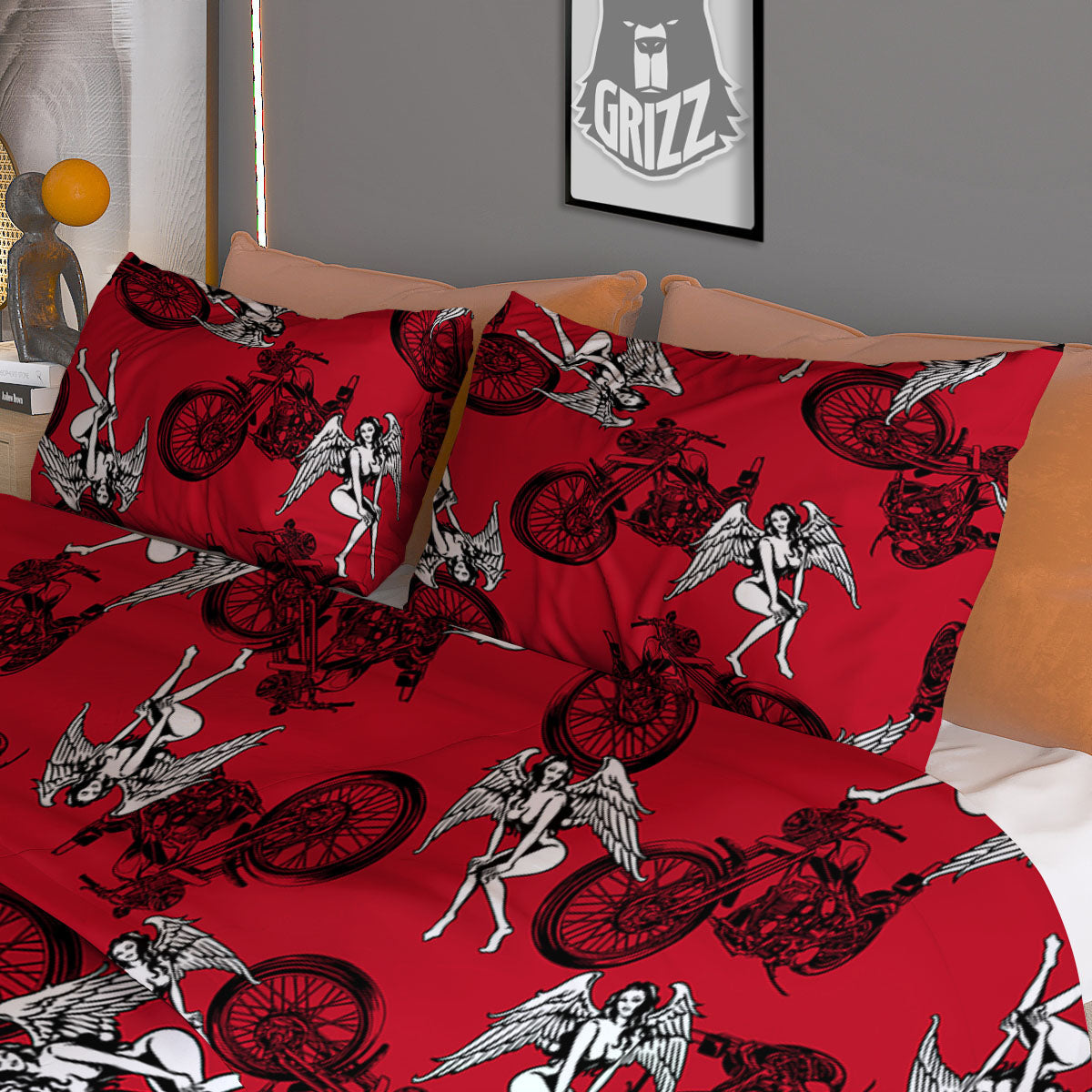 Angel And Motorcycle Print Pattern Duvet Cover Bedding Set