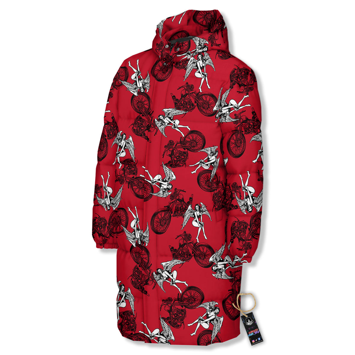 Angel And Motorcycle Print Pattern Long Down Jacket-grizzshop
