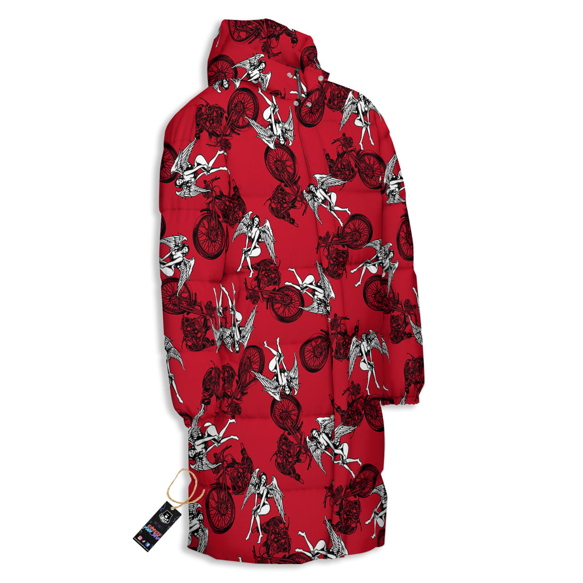 Angel And Motorcycle Print Pattern Long Down Jacket-grizzshop