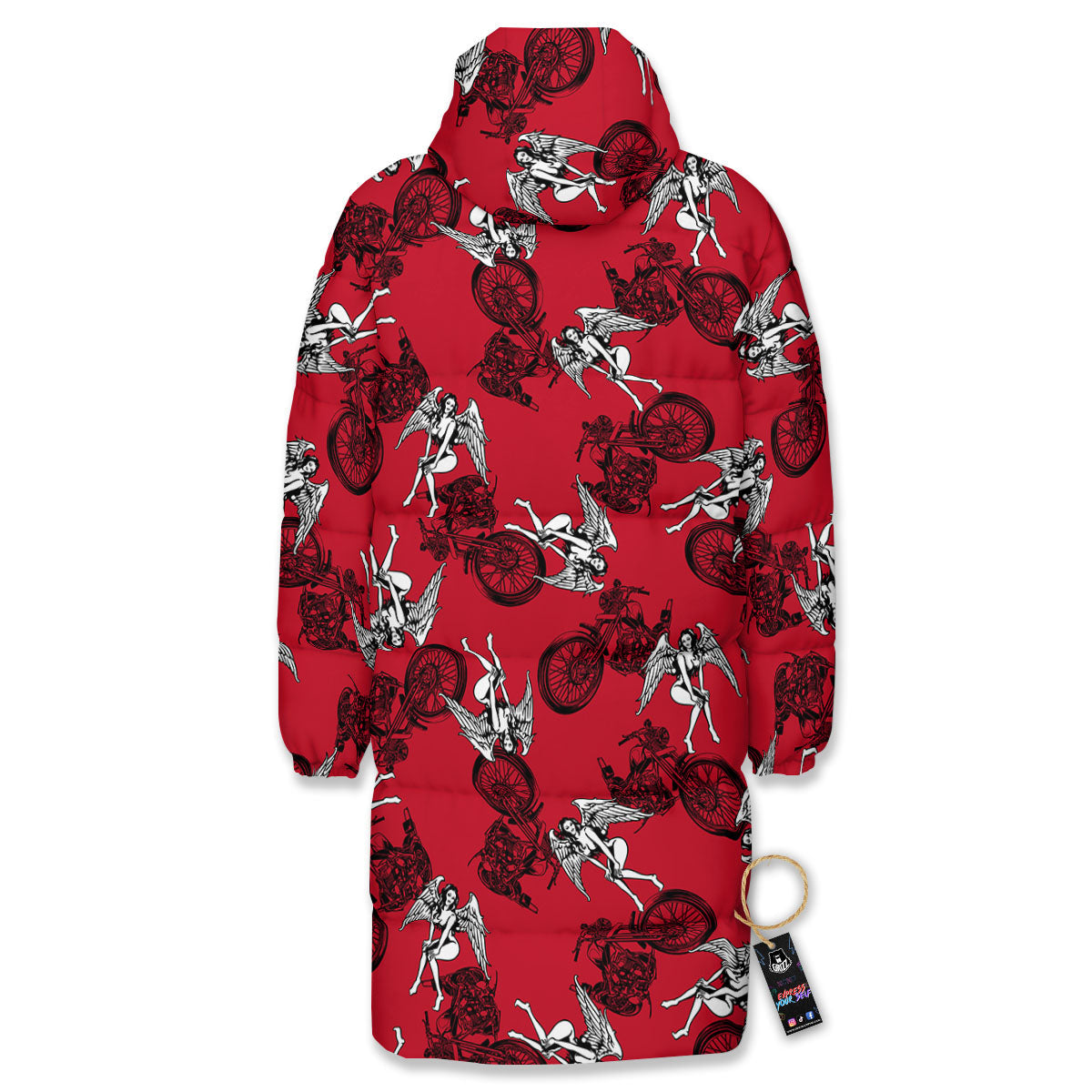 Angel And Motorcycle Print Pattern Long Down Jacket-grizzshop