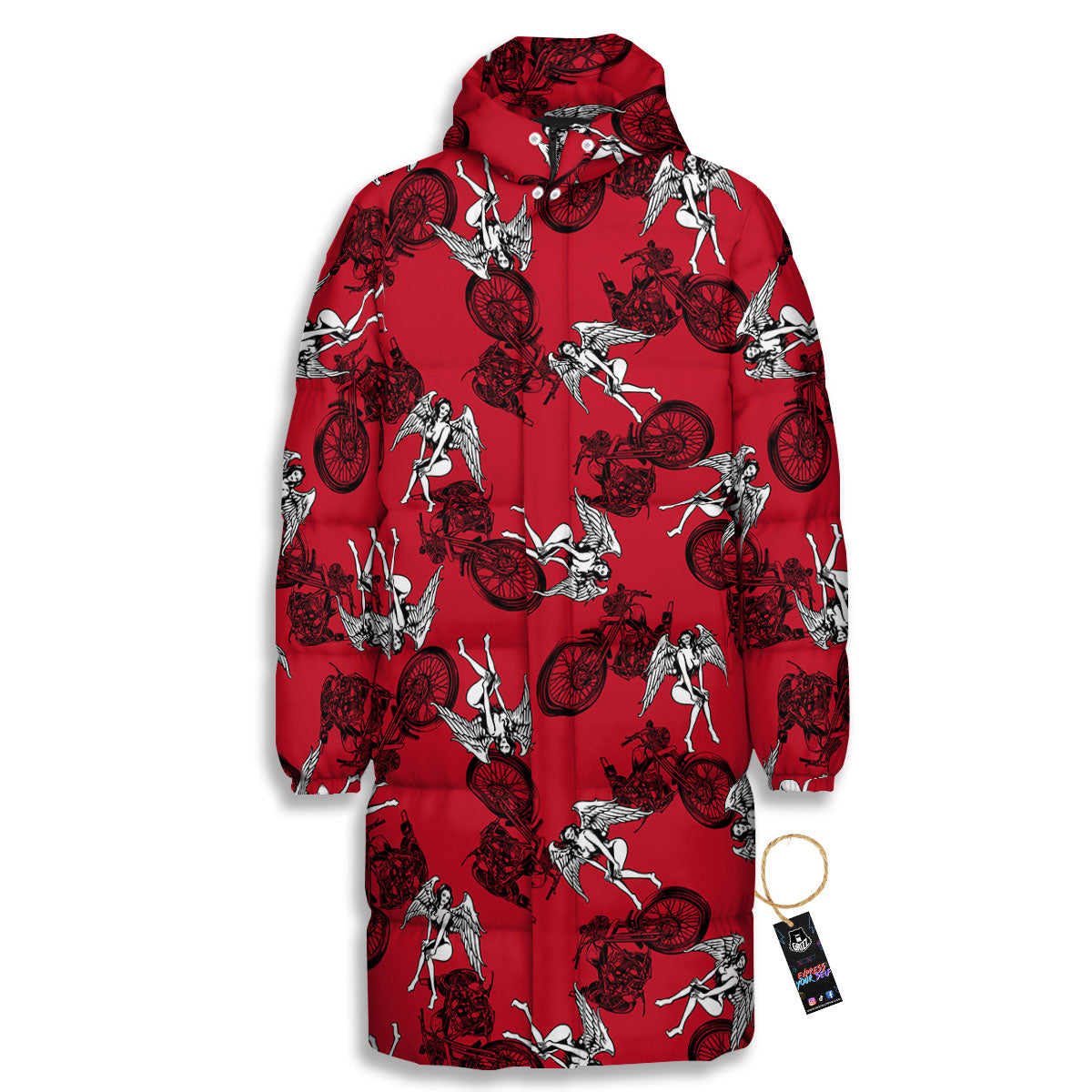 Angel And Motorcycle Print Pattern Long Down Jacket-grizzshop