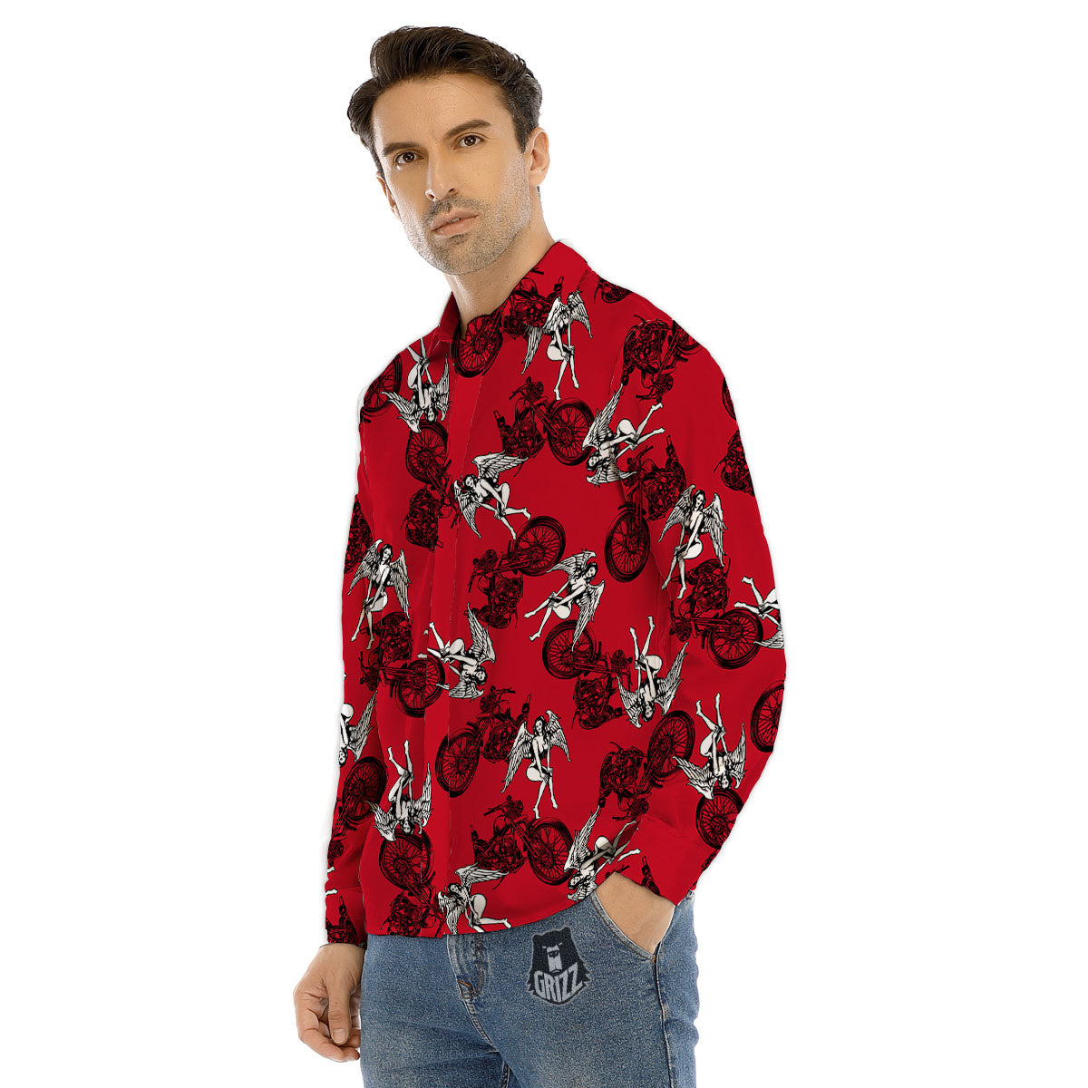 Angel And Motorcycle Print Pattern Men's Dress Shirts-grizzshop