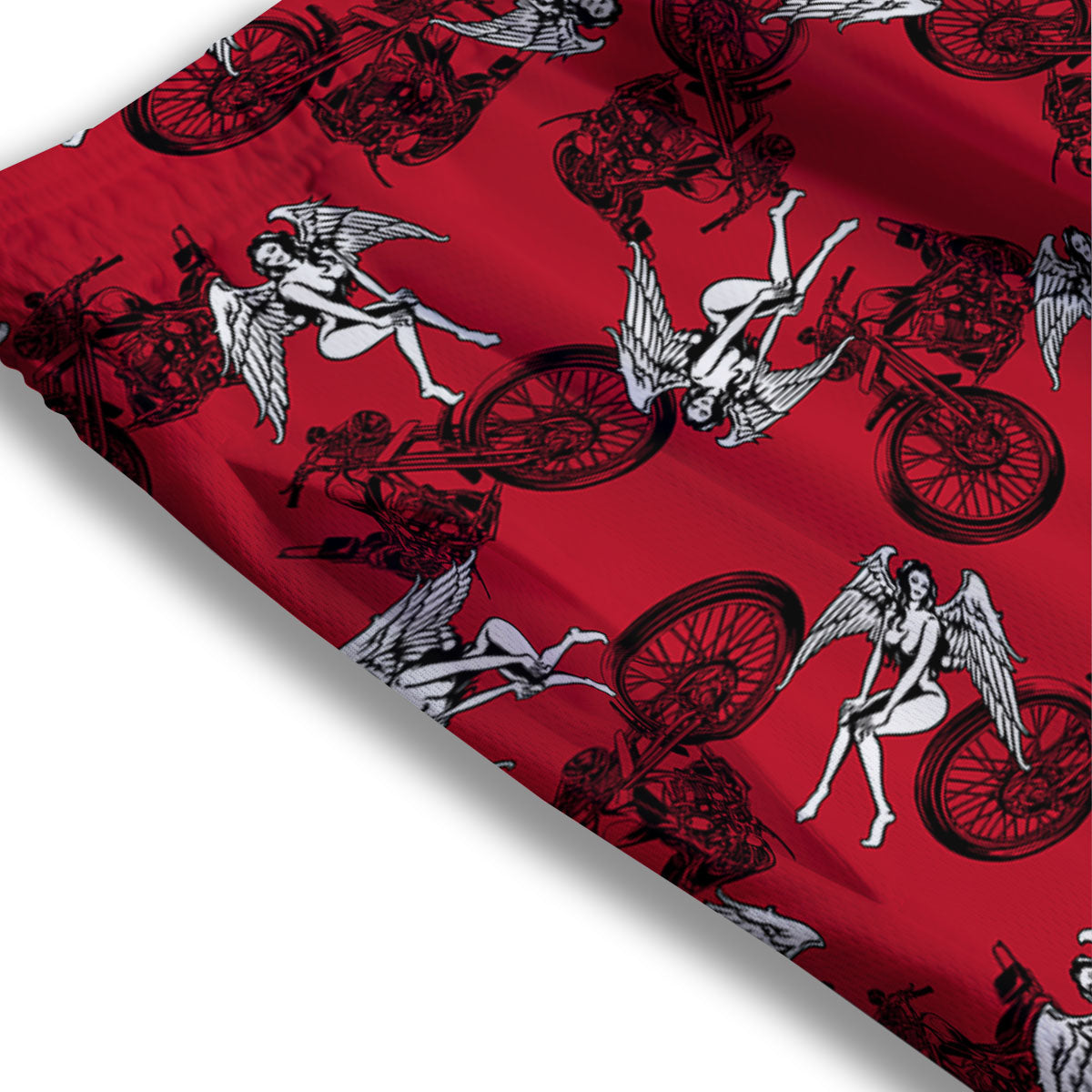 Angel And Motorcycle Print Pattern Mesh Shorts