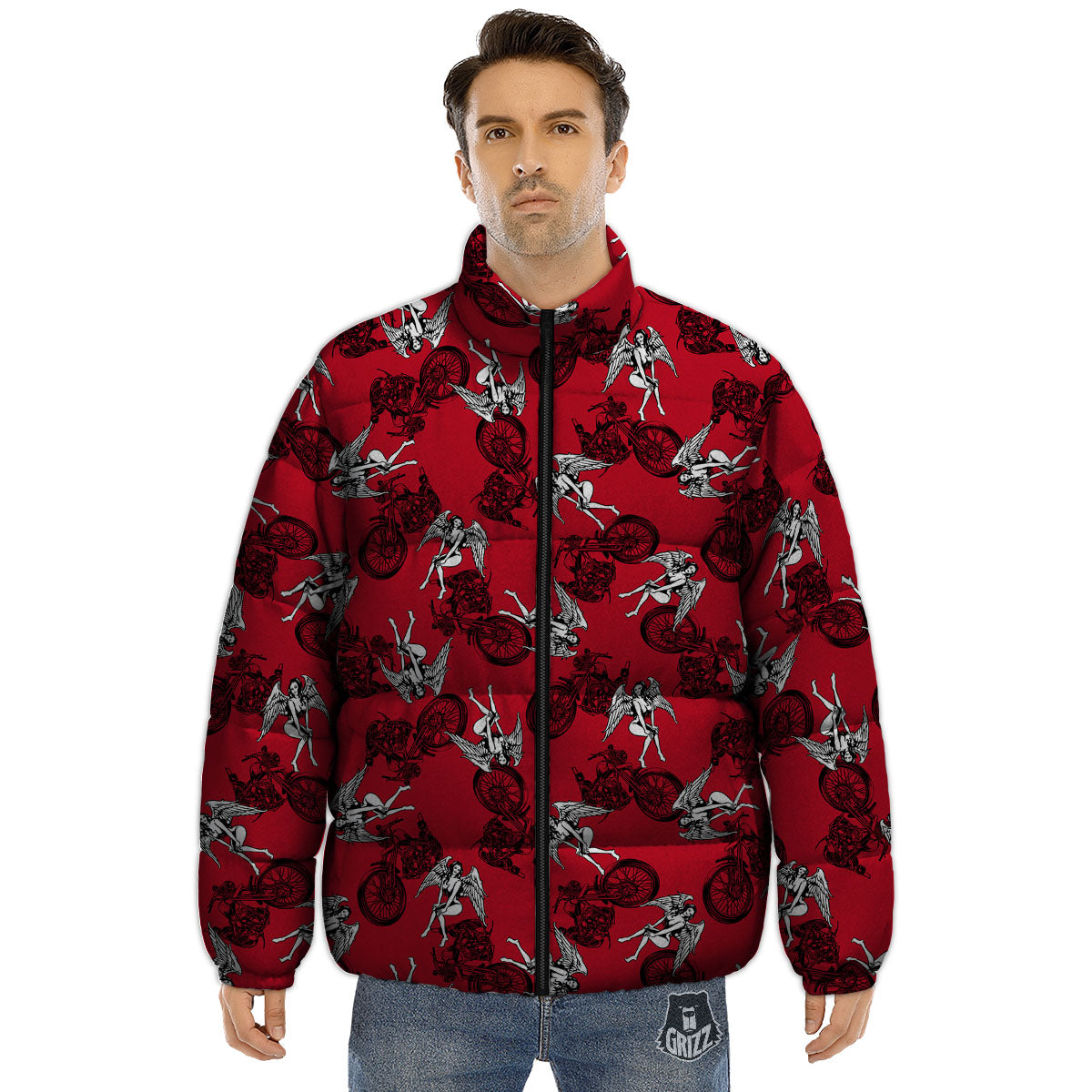 Angel And Motorcycle Print Pattern Puffer Jacket-grizzshop