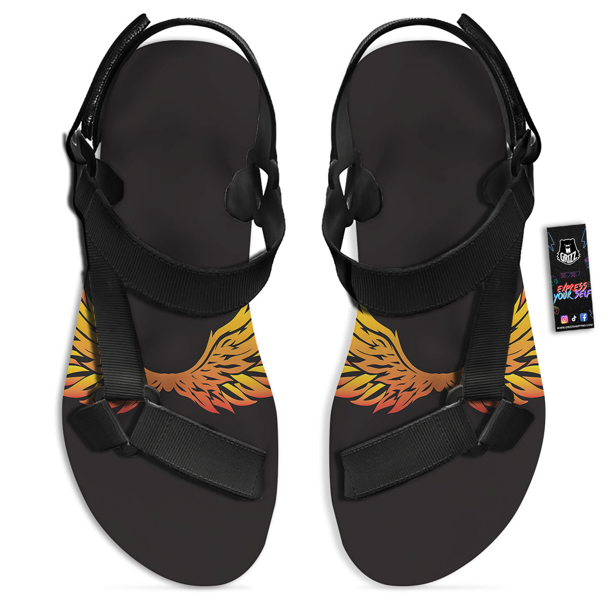 Angel Phoenix Print Black Open Toe Sandals-grizzshop