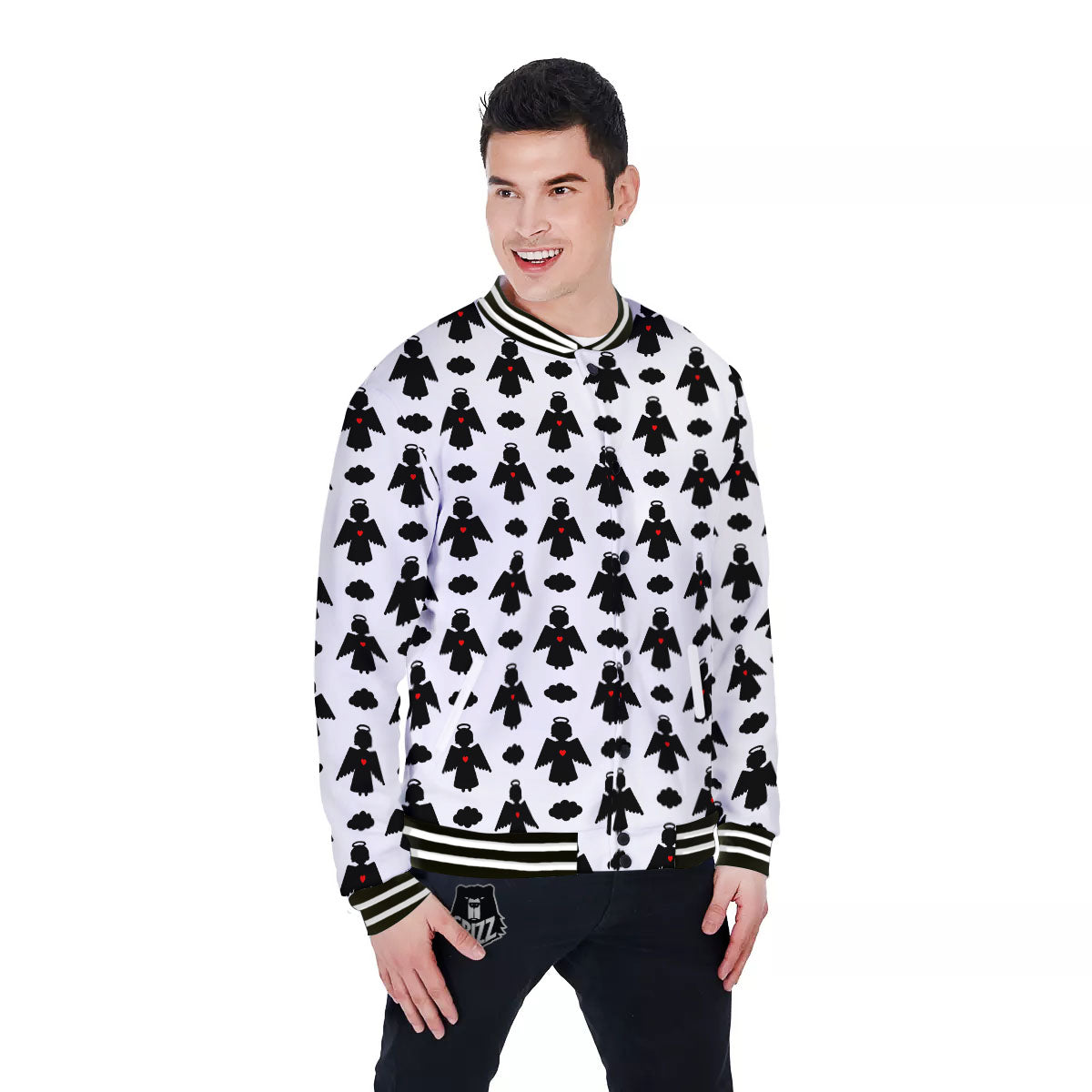 Angel White And Black Print Pattern Baseball Jacket-grizzshop