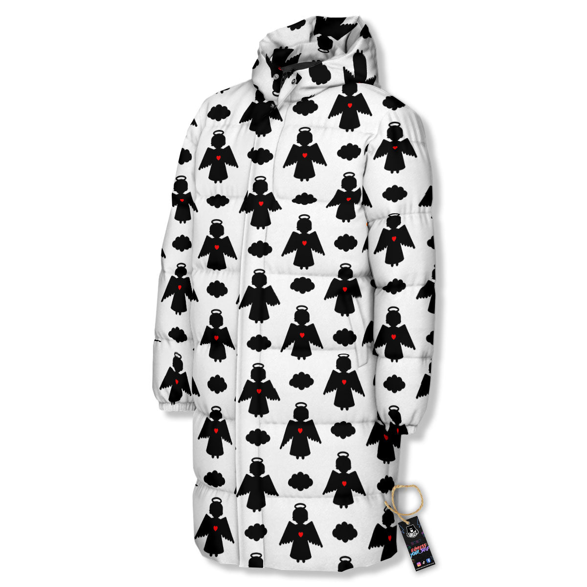 Angel White And Black Print Pattern Long Down Jacket-grizzshop