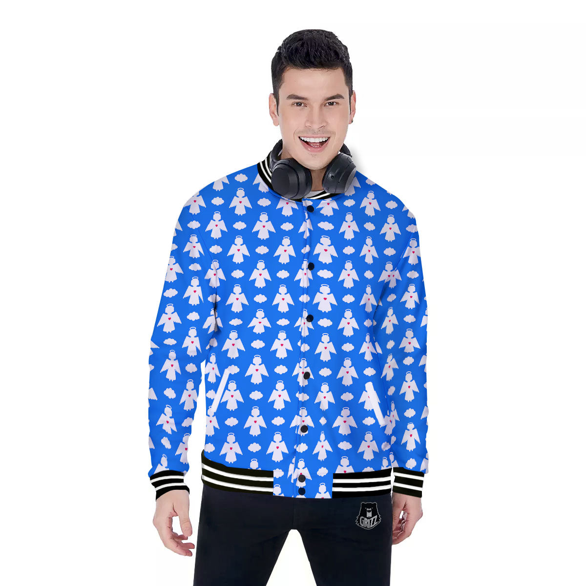 Angel White And Blue Print Pattern Baseball Jacket-grizzshop