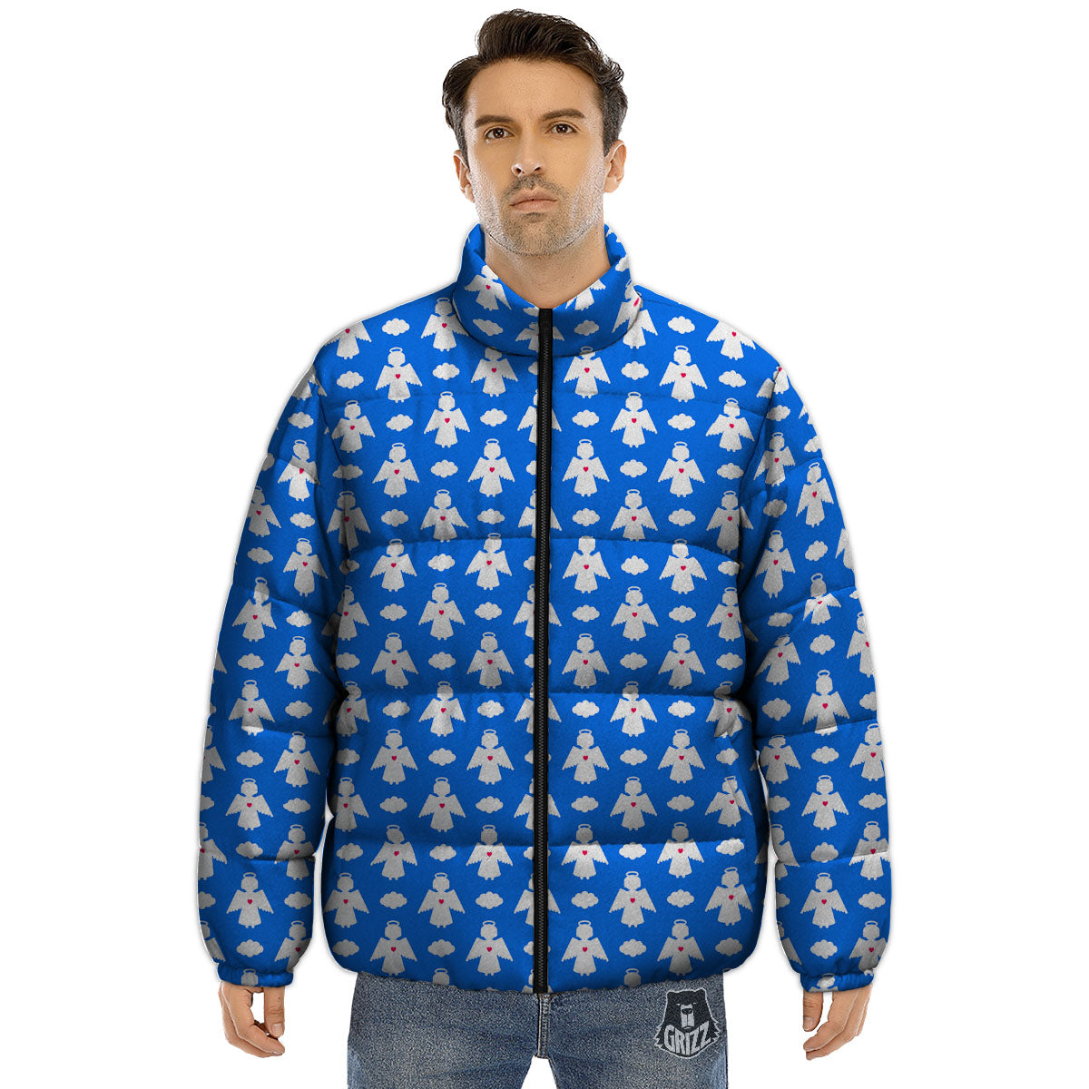 Angel White And Blue Print Pattern Puffer Jacket-grizzshop