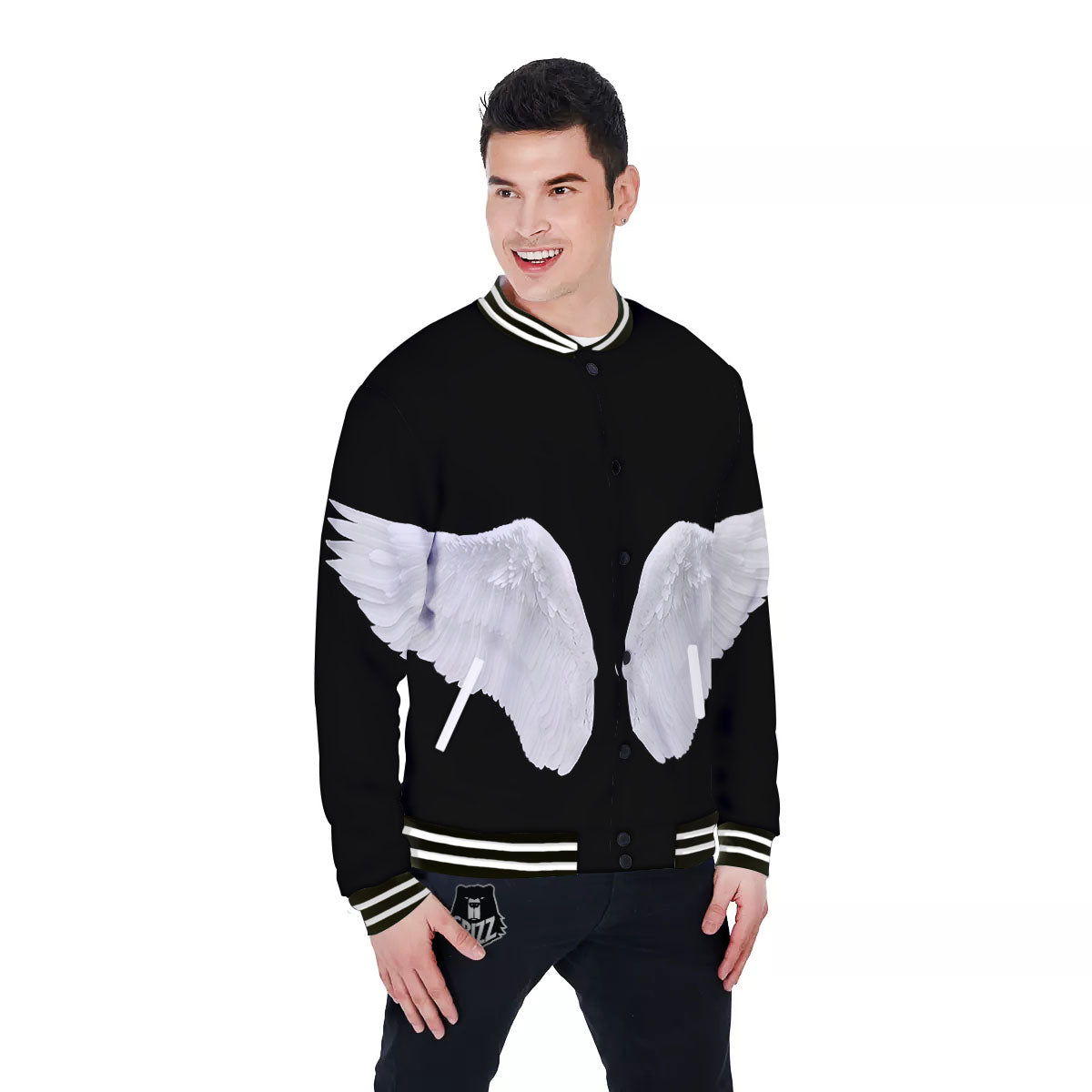 Angel Wings White Print Baseball Jacket-grizzshop