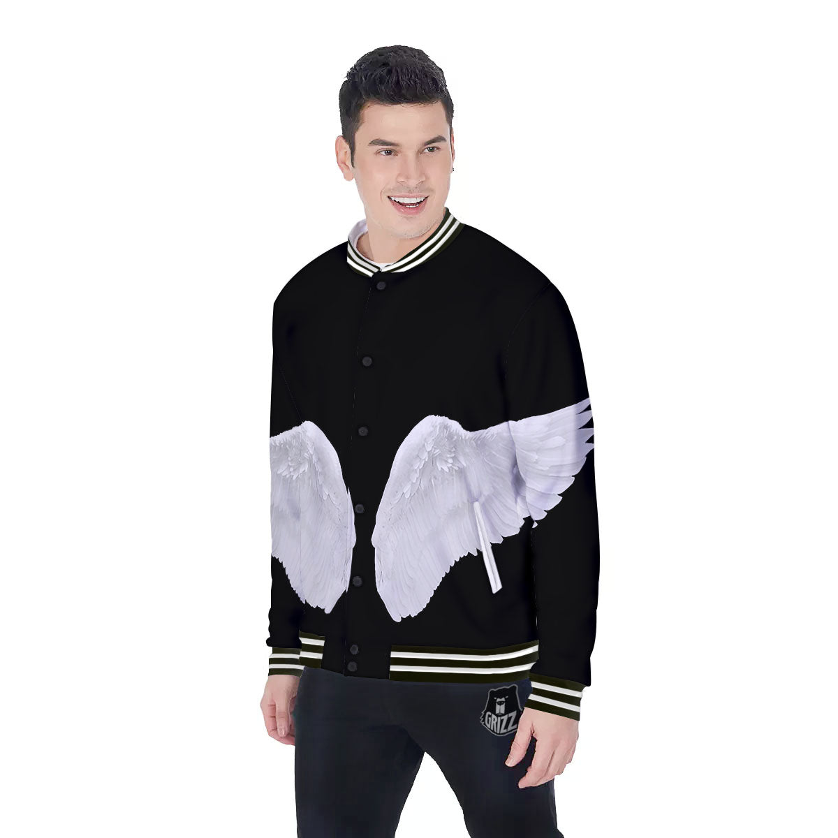 Angel Wings White Print Baseball Jacket-grizzshop