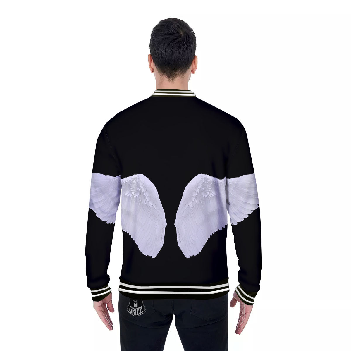 Angel Wings White Print Baseball Jacket-grizzshop