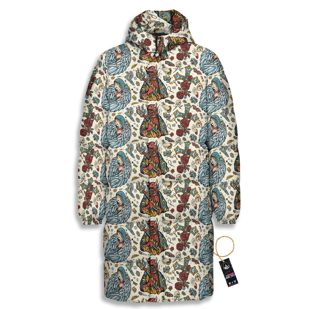 Angel And Demon Old School Tattoo Print Pattern Long Down Jacket