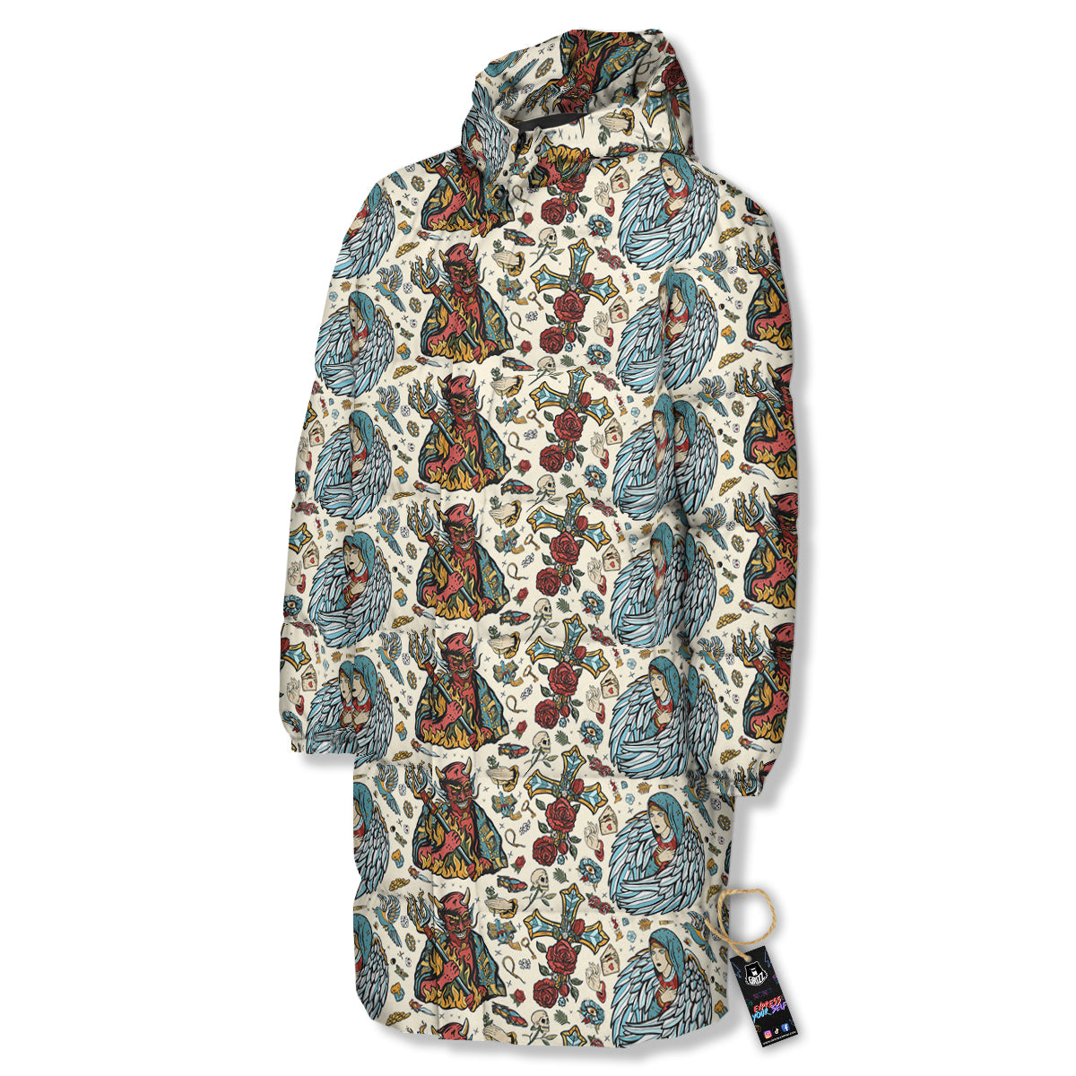 Angel And Demon Old School Tattoo Print Pattern Long Down Jacket
