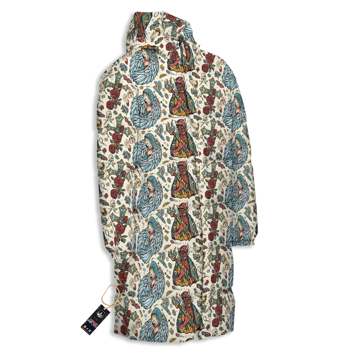 Angel And Demon Old School Tattoo Print Pattern Long Down Jacket