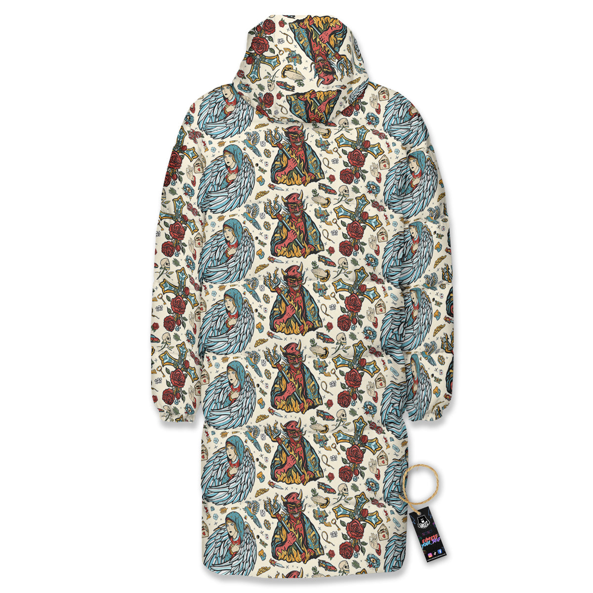 Angel And Demon Old School Tattoo Print Pattern Long Down Jacket