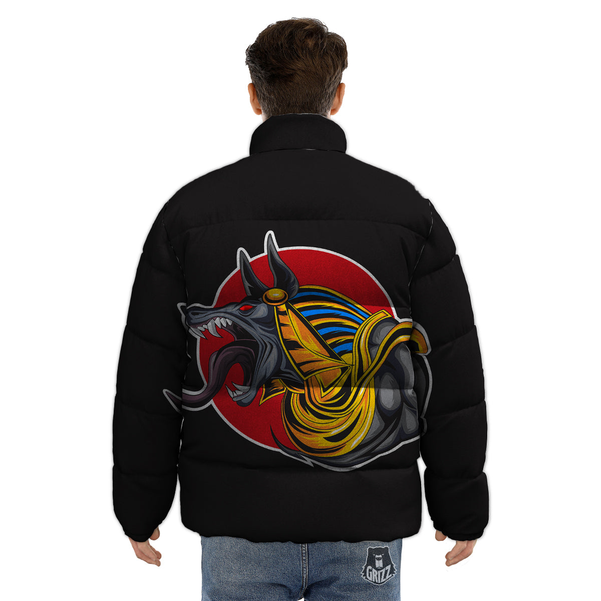 Angry Anubis Print Puffer Jacket-grizzshop