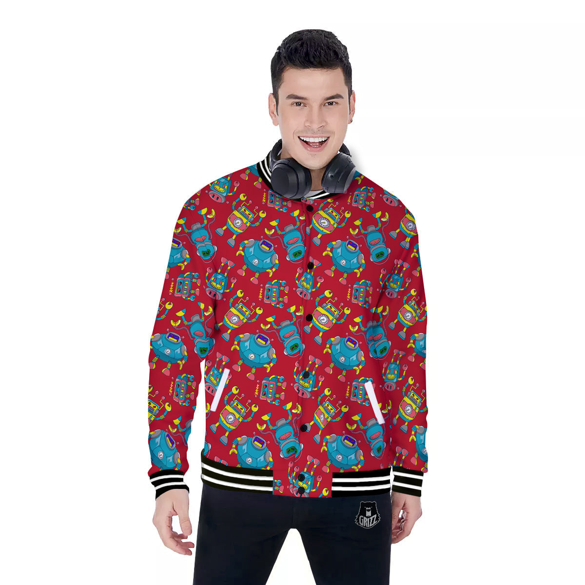 Angry Robot Print Pattern Baseball Jacket-grizzshop