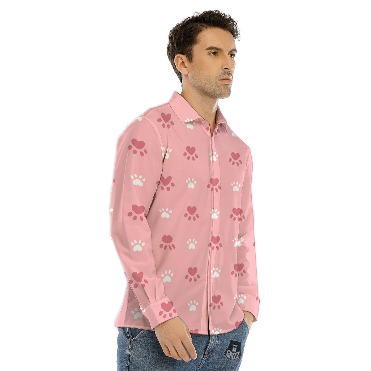 Animal Paw White And Pink Print Pattern Men's Dress Shirts-grizzshop