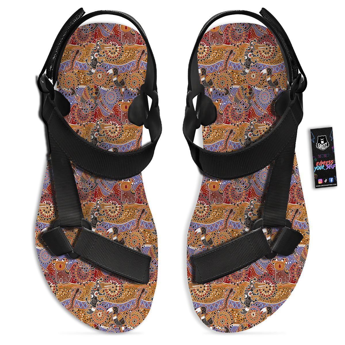 Animals Aboriginal Print Pattern Black Open Toe Sandals-grizzshop