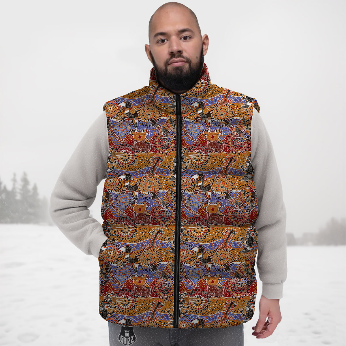 Animals Aboriginal Print Pattern Down Vest