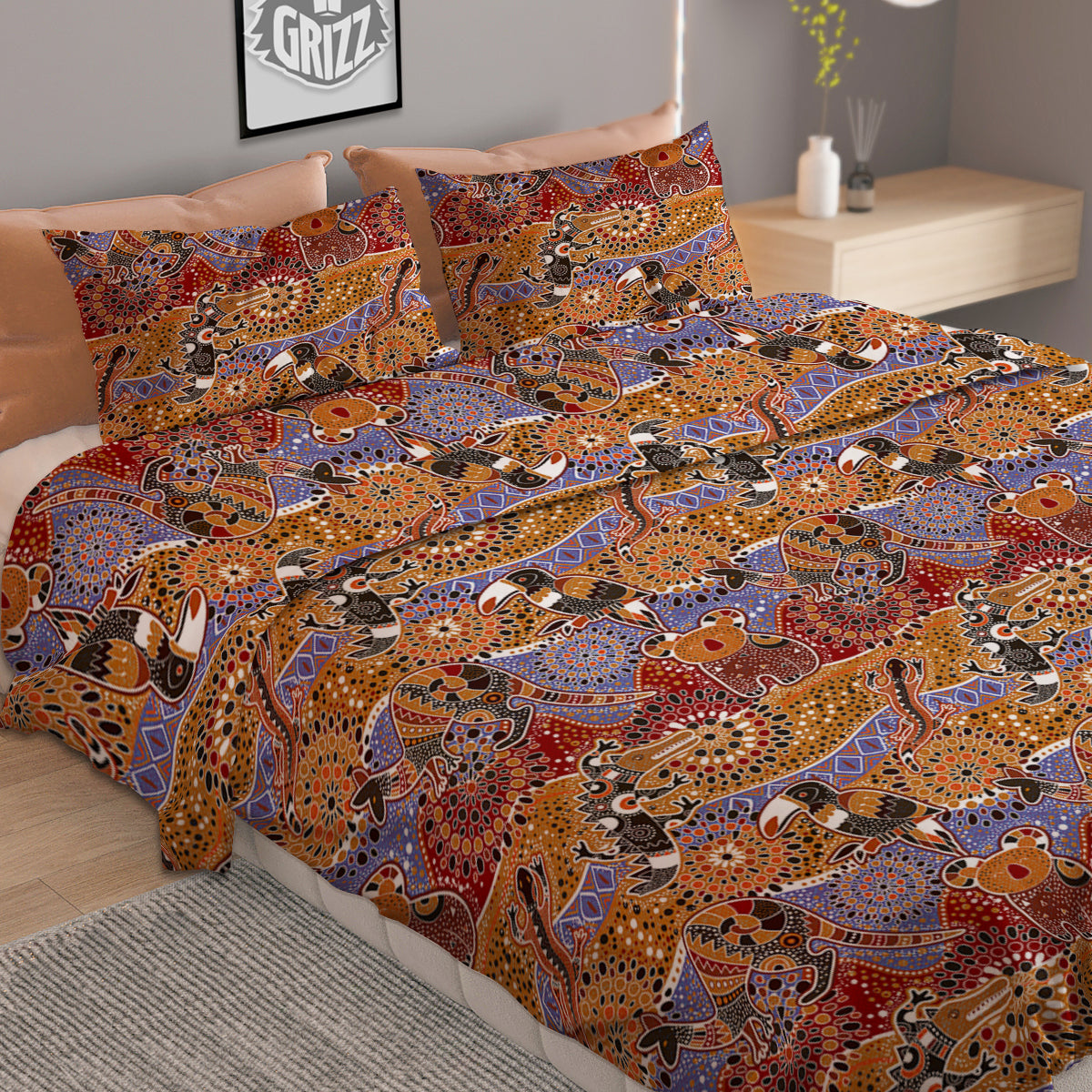 Animals Aboriginal Print Pattern Duvet Cover Bedding Set