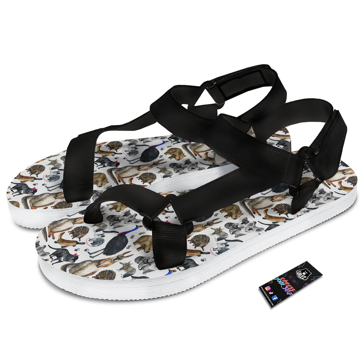 Animals Australian Print Pattern Black Open Toe Sandals-grizzshop