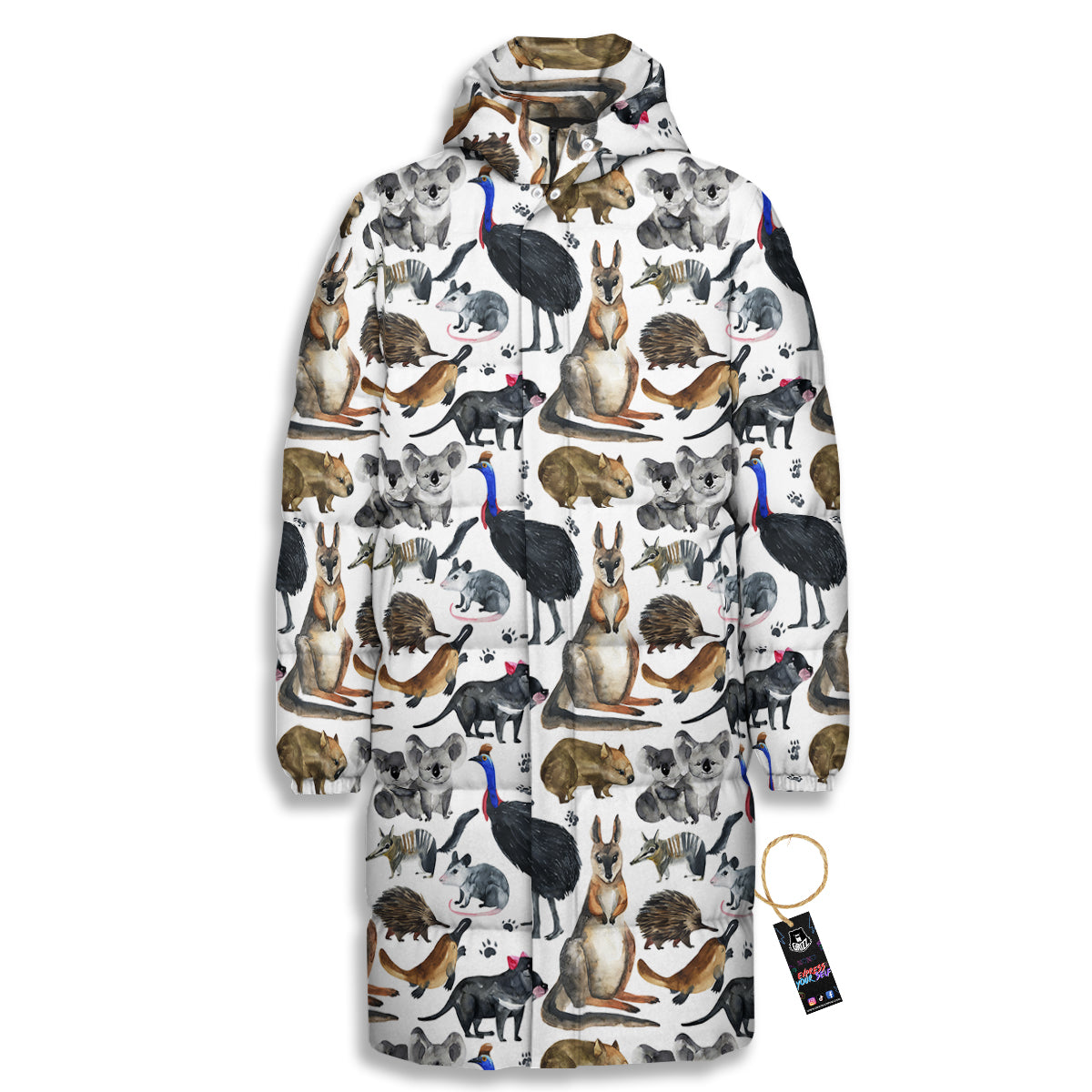 Animals Australian Print Pattern Long Down Jacket-grizzshop
