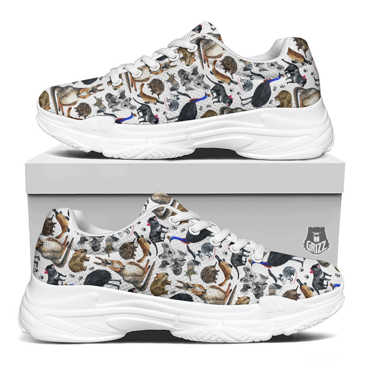 Animals Australian Print Pattern White Chunky Shoes-grizzshop